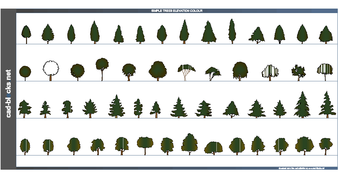 color simple trees cad blocks in elevation view